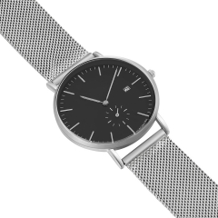 OEM дизайн Черный циферблат Серебряный сетчатый ремень Мужские наручные часы